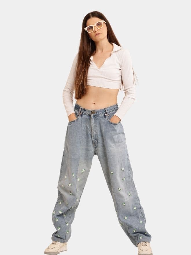 Ditsy Floral Embroidered Baggy Jeans thumbnail 4