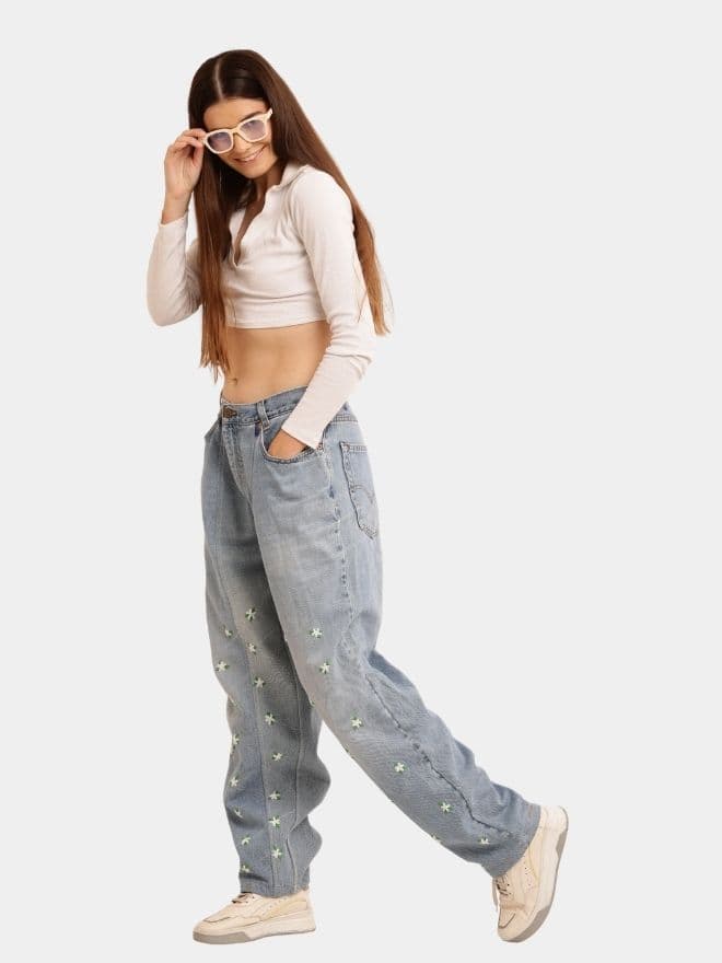 Ditsy Floral Embroidered Baggy Jeans thumbnail 3