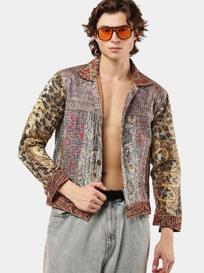 Satin Scarf & Vintage Canvas Jacket – Intricate Stitch Detail