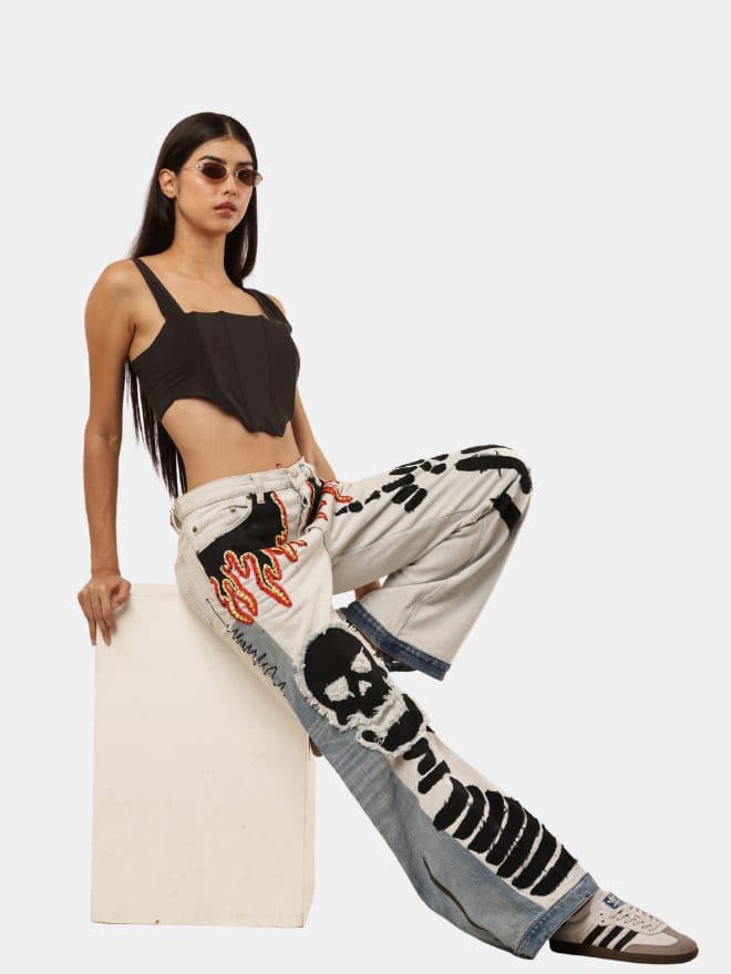 Denim Pants – Skull Embroidered Patchwork