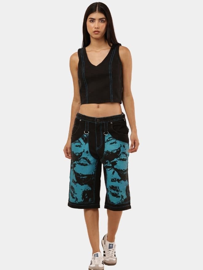 Blue Face Print Reworked Vintage Denim Jorts thumbnail 4