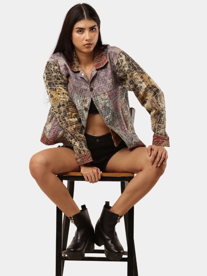 Satin Scarf & Vintage Canvas Jacket – Intricate Stitch Detail thumbnail 3