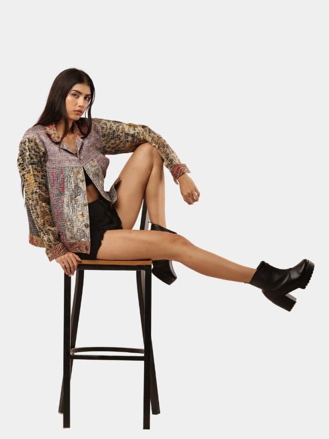 Satin Scarf & Vintage Canvas Jacket – Intricate Stitch Detail alternate