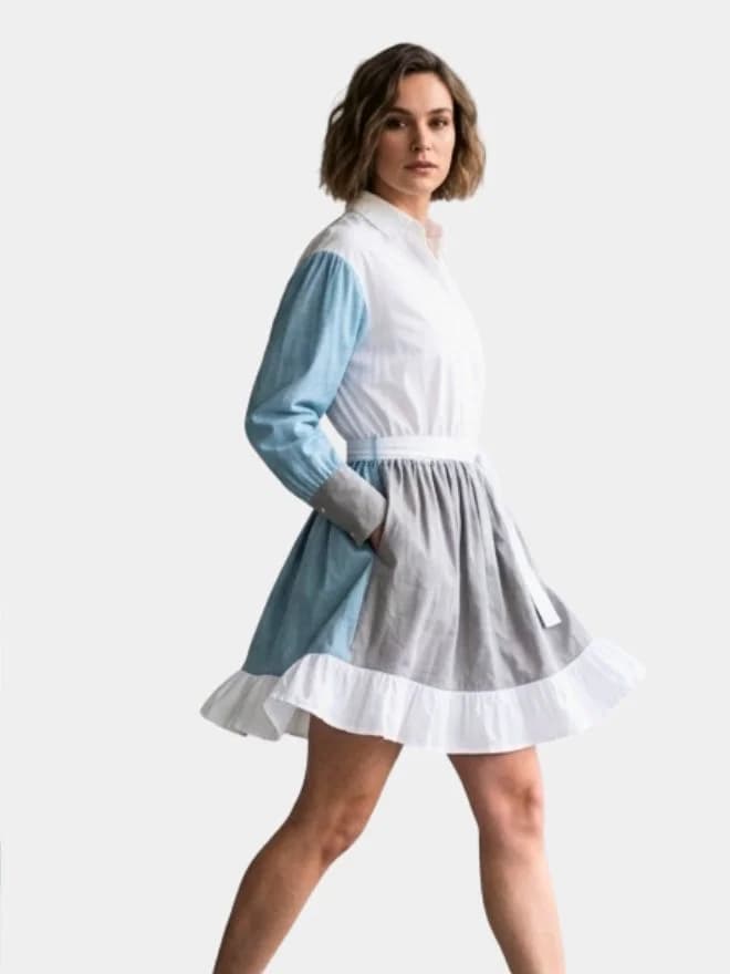 Color-Block Puff Sleeve Shirt Dress with Ruffled Hem thumbnail 4