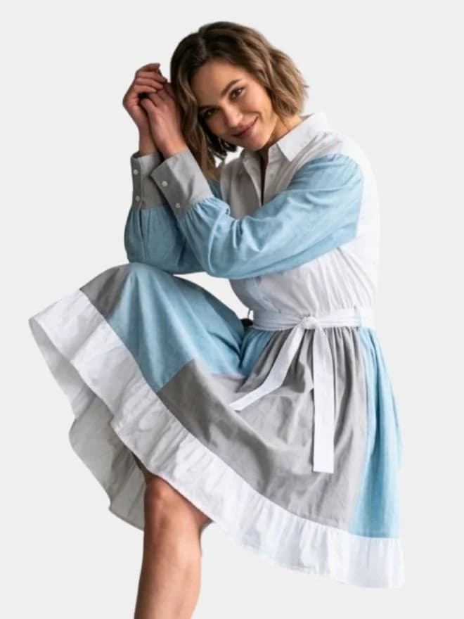 Color-Block Puff Sleeve Shirt Dress with Ruffled Hem thumbnail 3