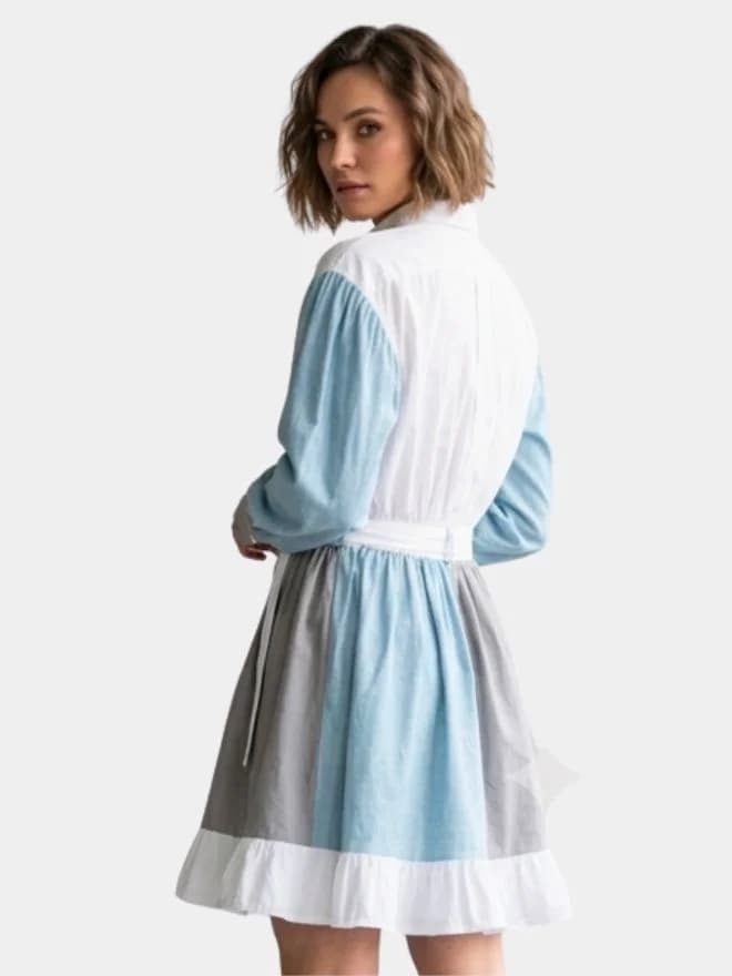 Color-Block Puff Sleeve Shirt Dress with Ruffled Hem thumbnail 2