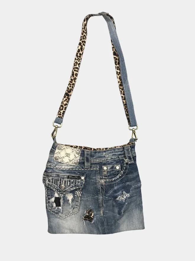 Miss Me Denim Shoulder Bag with Leopard Strap