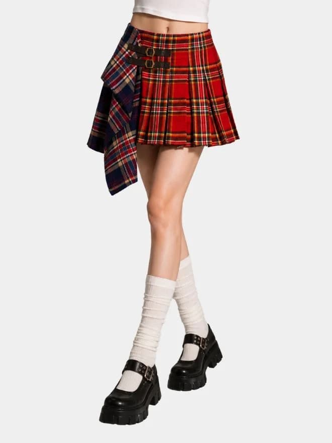Reworked Patchwork Tartan Pleated Mini Skirt