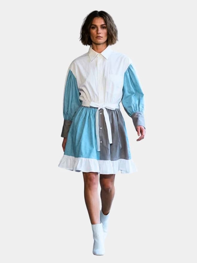 Color-Block Puff Sleeve Shirt Dress with Ruffled Hem
