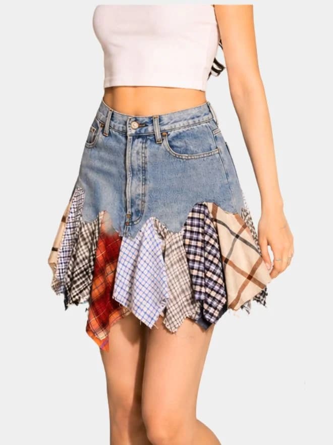 Levi’s Denim Patchwork Plaid Mini Skirt